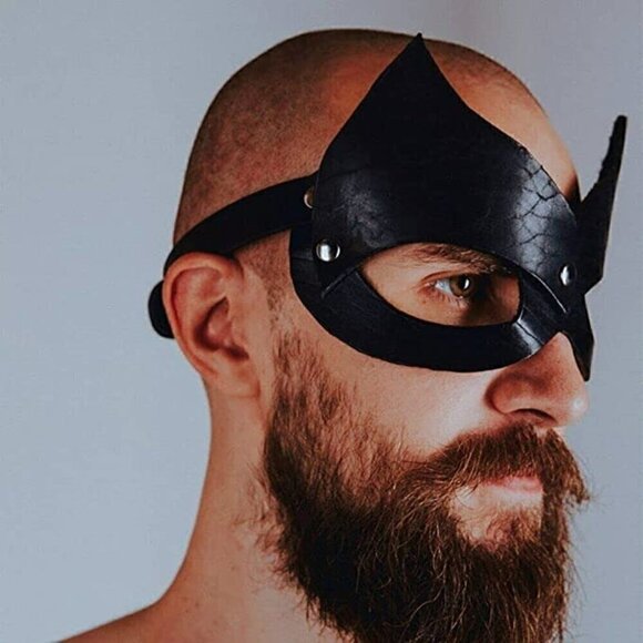 𝅺BLACK Leather Kitty Cat Masquerade Face Mask Slave Bondage BDSM Costume Cosplay